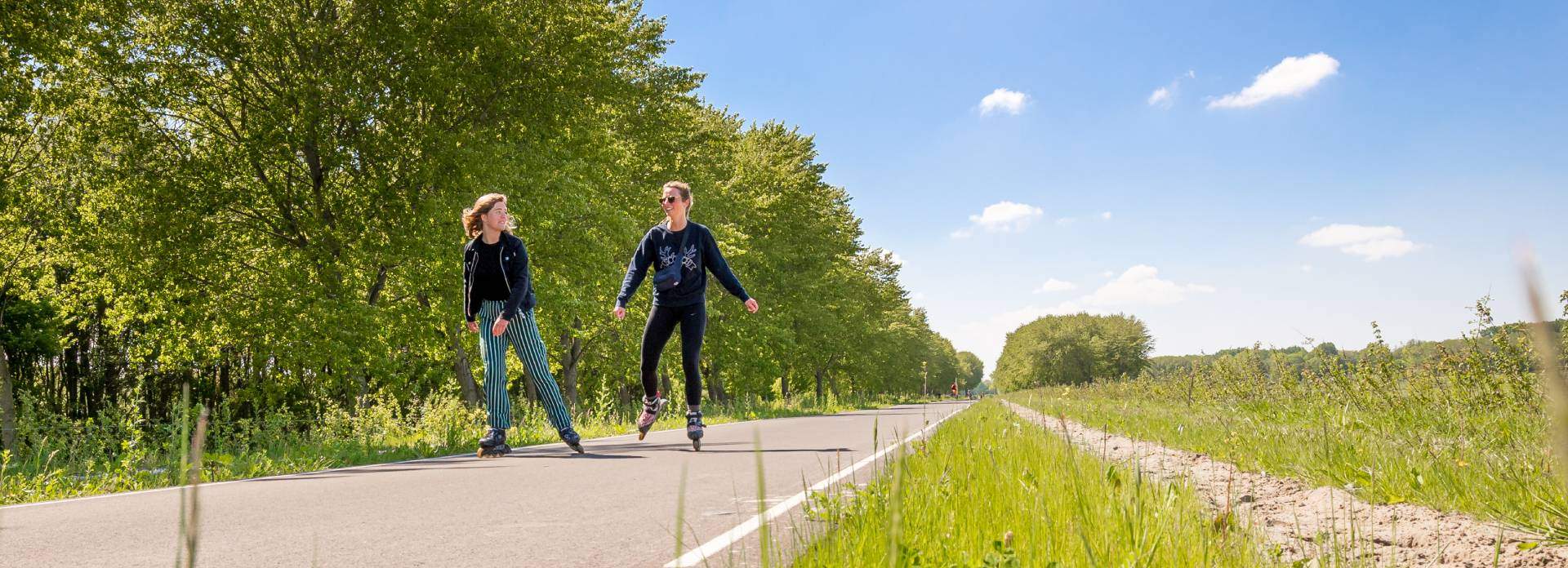 Twee personen op skeelers rijden op een weg.